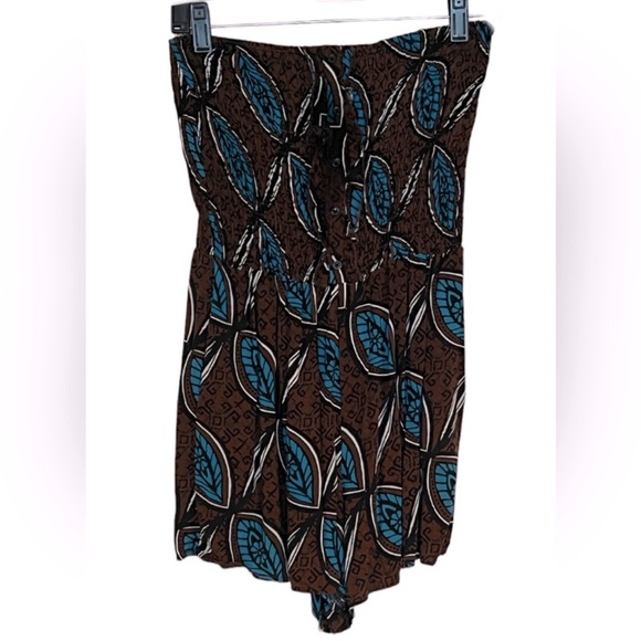 - Smocked Brown and Blue Leaf Print Romper pull on fringe button front design - Picture 1 of 8